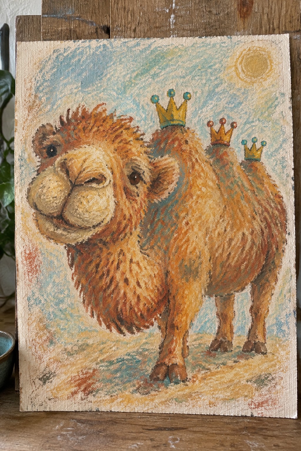 Pastel painting of three brown camels wearing golden crowns in a sunny desert.