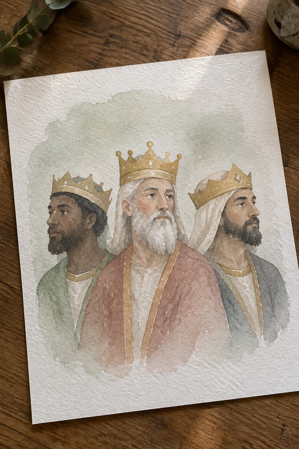 Watercolor painting of three crowned kings in profile with colorful robes on paper