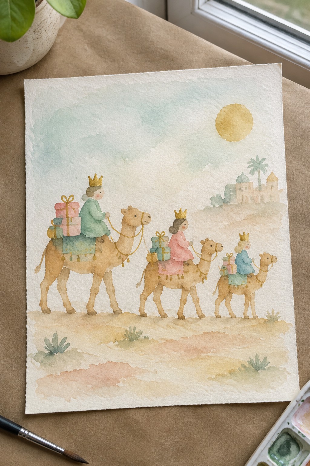 Watercolor of three crowned figures on camels with gifts in desert landscape