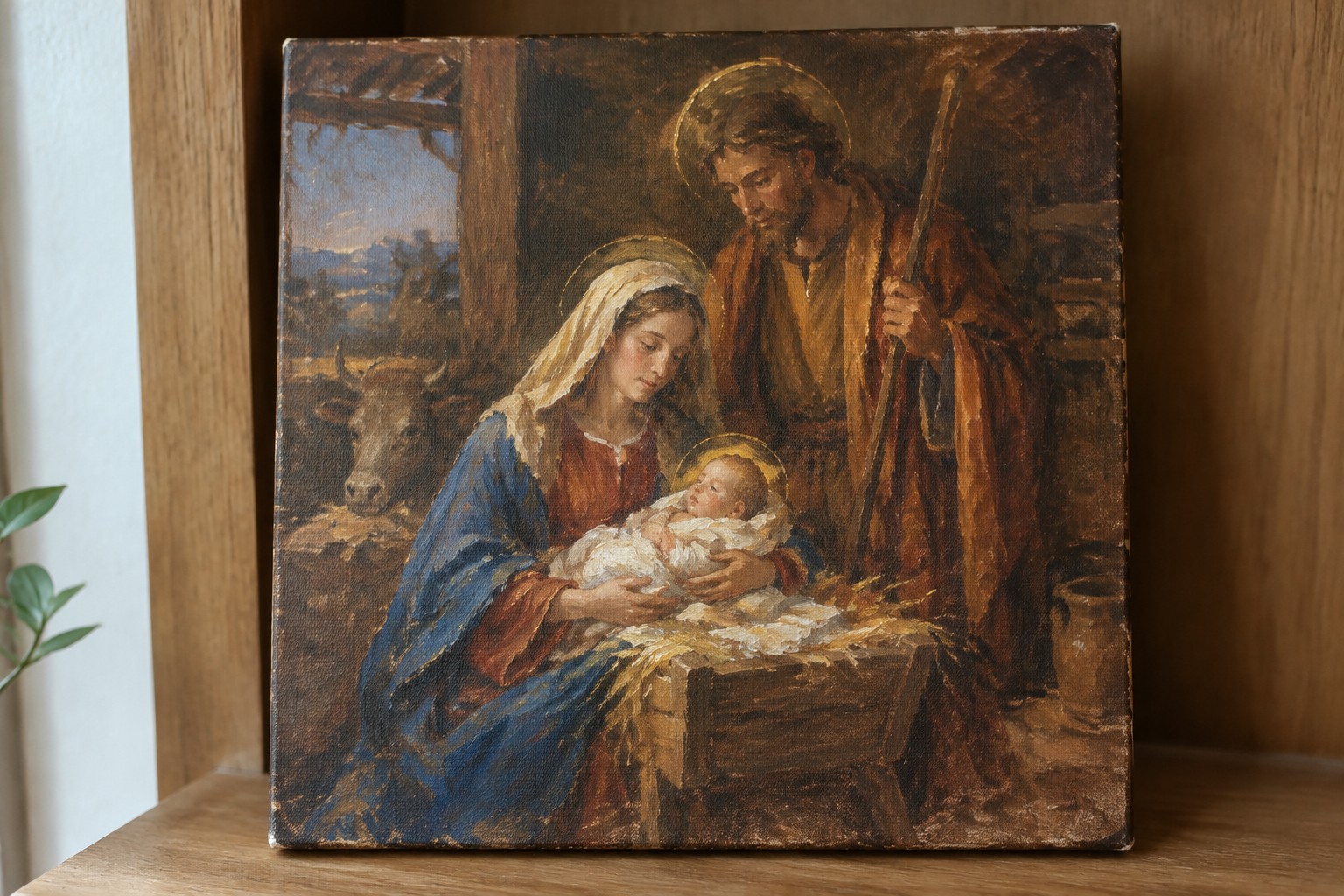 An oil painting shows Mary seated with baby Jesus in a manger, Joseph standing with a staff, and two animals visible near a window in a rustic stable.