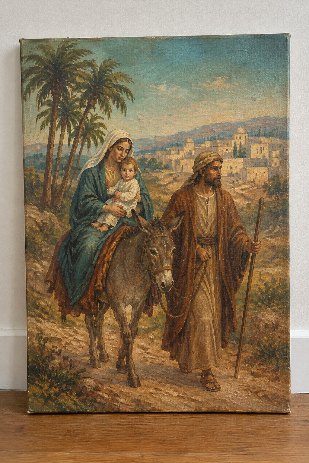 Woman in blue robe on donkey holding child, robed man with staff in palm tree landscape