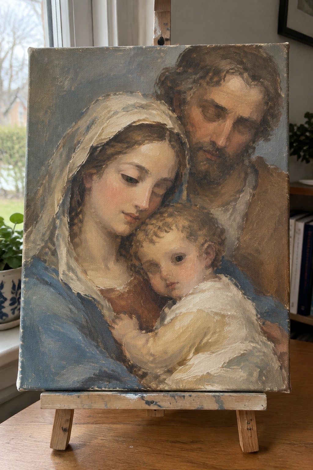 Oil painting of woman in blue robe and veil holding curly-haired child beside bearded man on easel.
