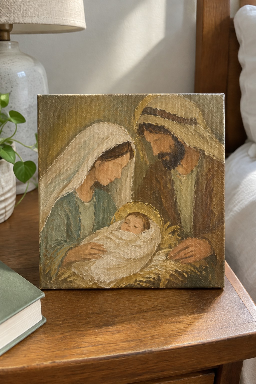 Oil painting of Mary, Joseph, and haloed baby Jesus in manger on wooden table