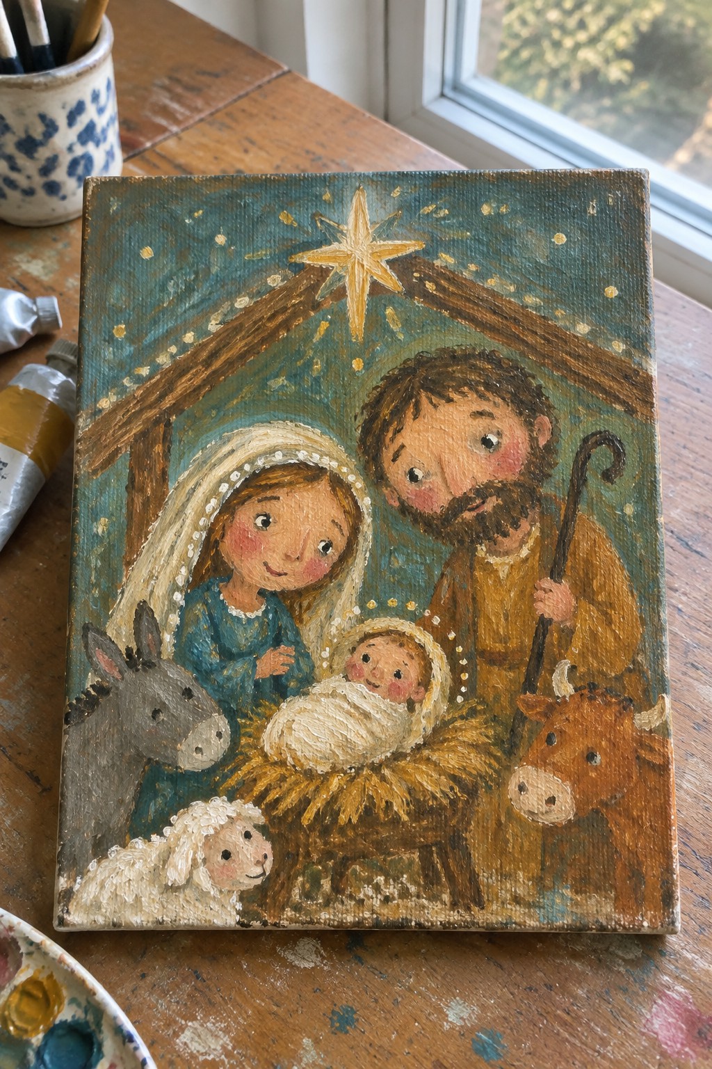 Folk art nativity painting with Mary in blue, Joseph, baby Jesus, donkey, sheep, cow, and star.