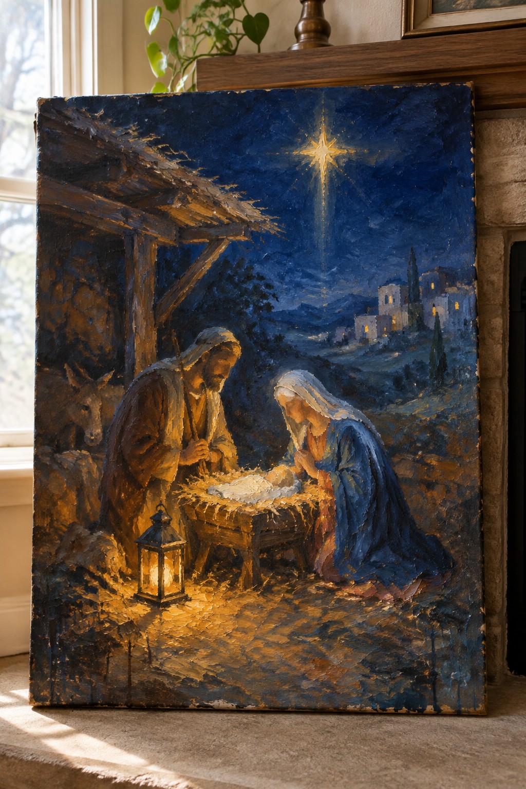 Impasto oil painting of Nativity with Mary in blue robe, Joseph, lantern, and bright star.