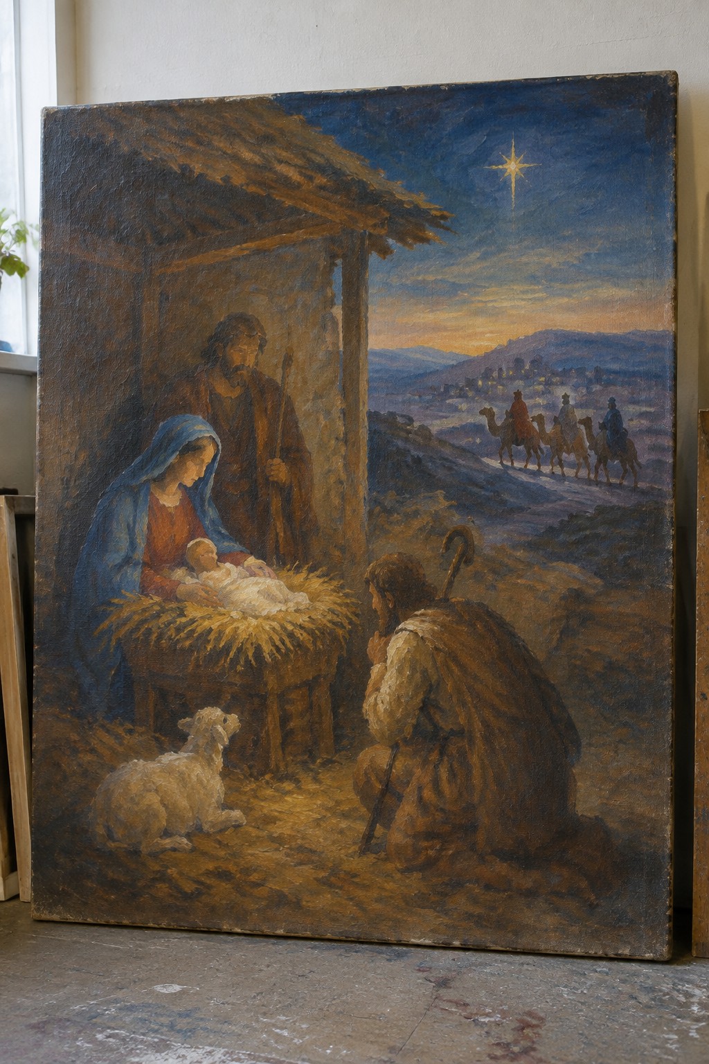 Classical Nativity scene with Mary, Joseph, baby Jesus, kneeling shepherd, lamb, and magi under star.