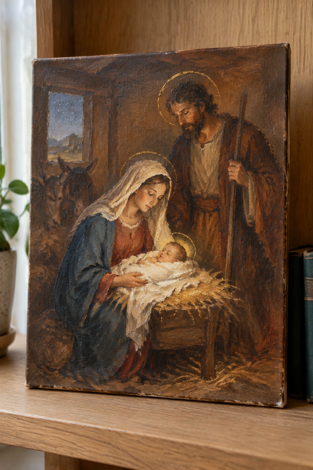 An oil painting shows Mary seated with baby Jesus in a manger, Joseph standing with a staff, and two animals visible near a window in a rustic stable.