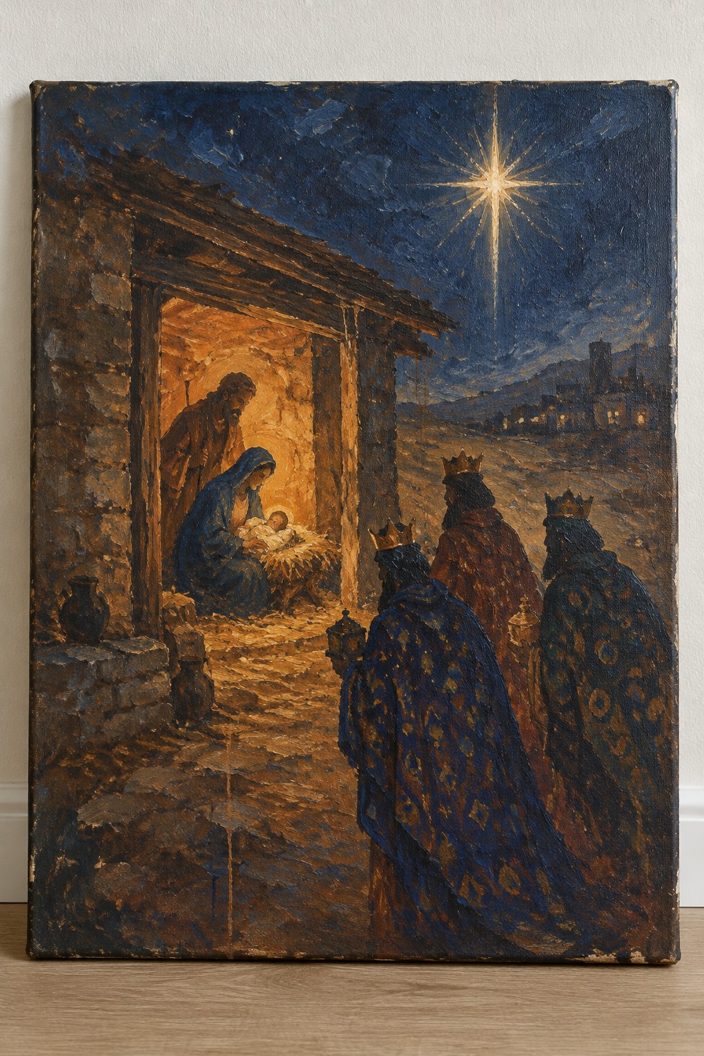 Three crowned kings in ornate robes approach nativity stable under radiant star.