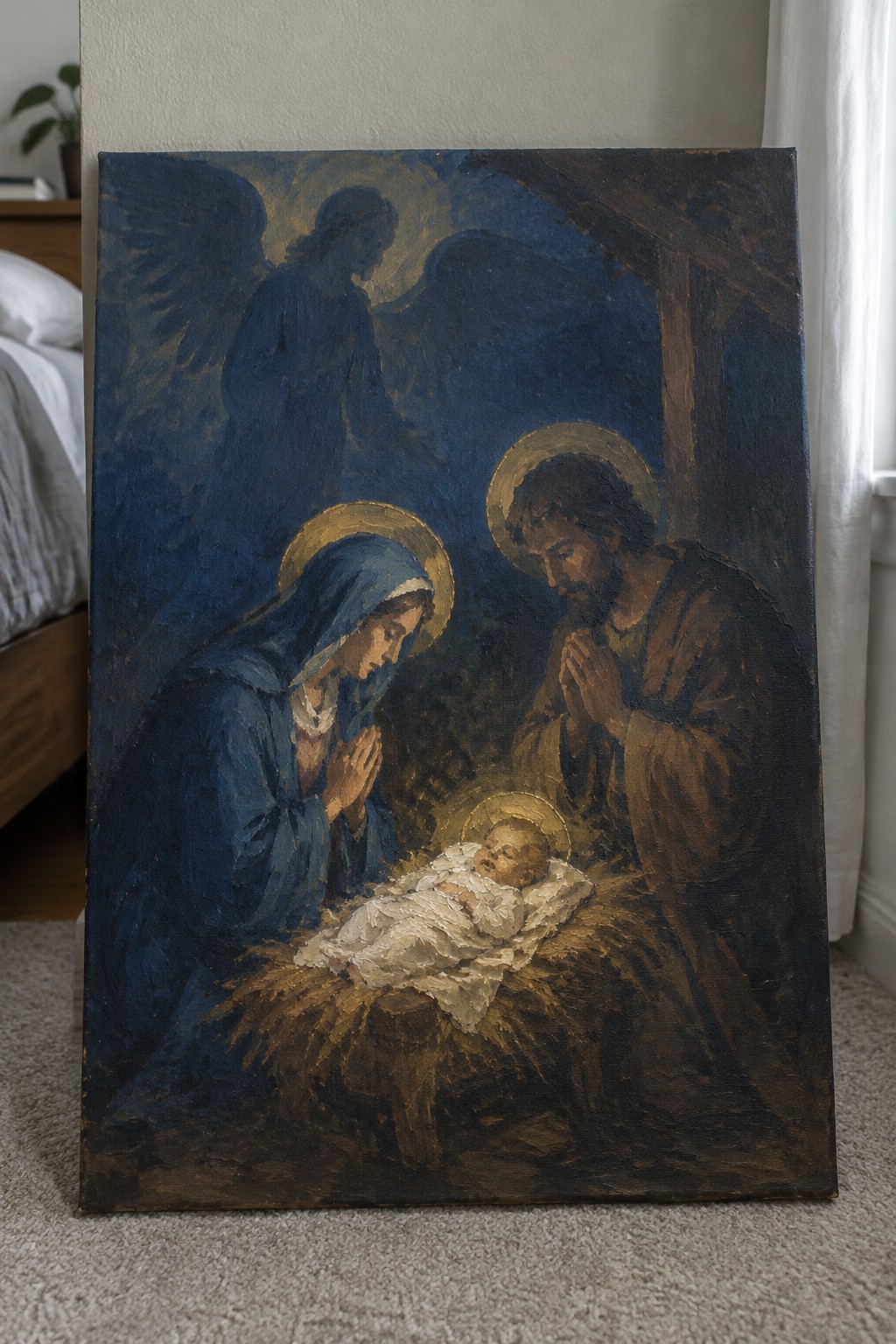 Dark blue oil painting of haloed Mary and Joseph praying over infant Jesus with angel.