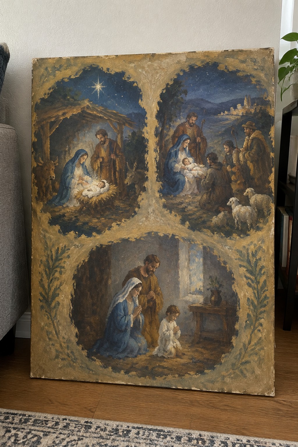 A large painting divided into three arched panels showing the manger scene, shepherds visiting the baby, and the Holy Family praying indoors.