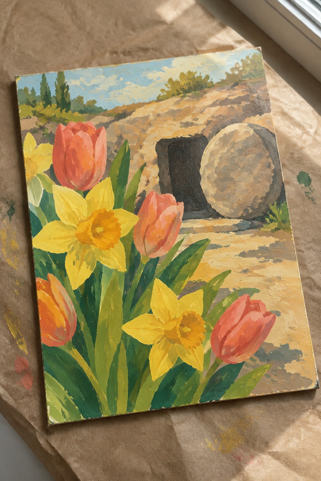 A painting of an empty stone tomb with a round boulder beside the entrance, red tulips and yellow daffodils in the foreground, and a hillside landscape in the background.