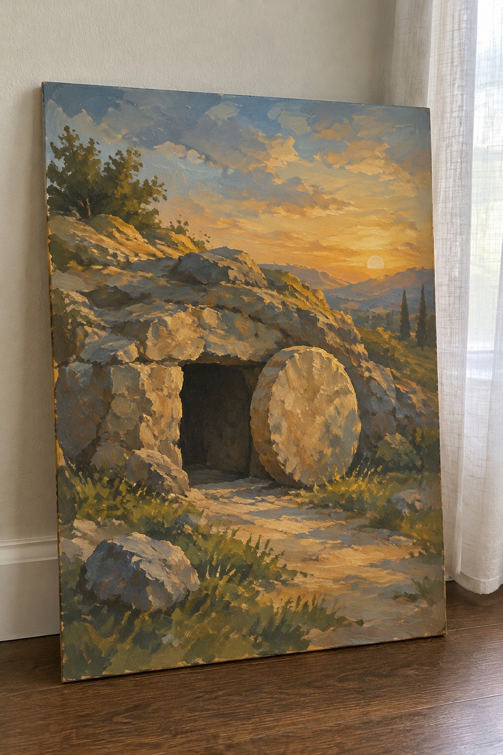 Oil painting of empty hillside tomb with large stone rolled away at sunset
