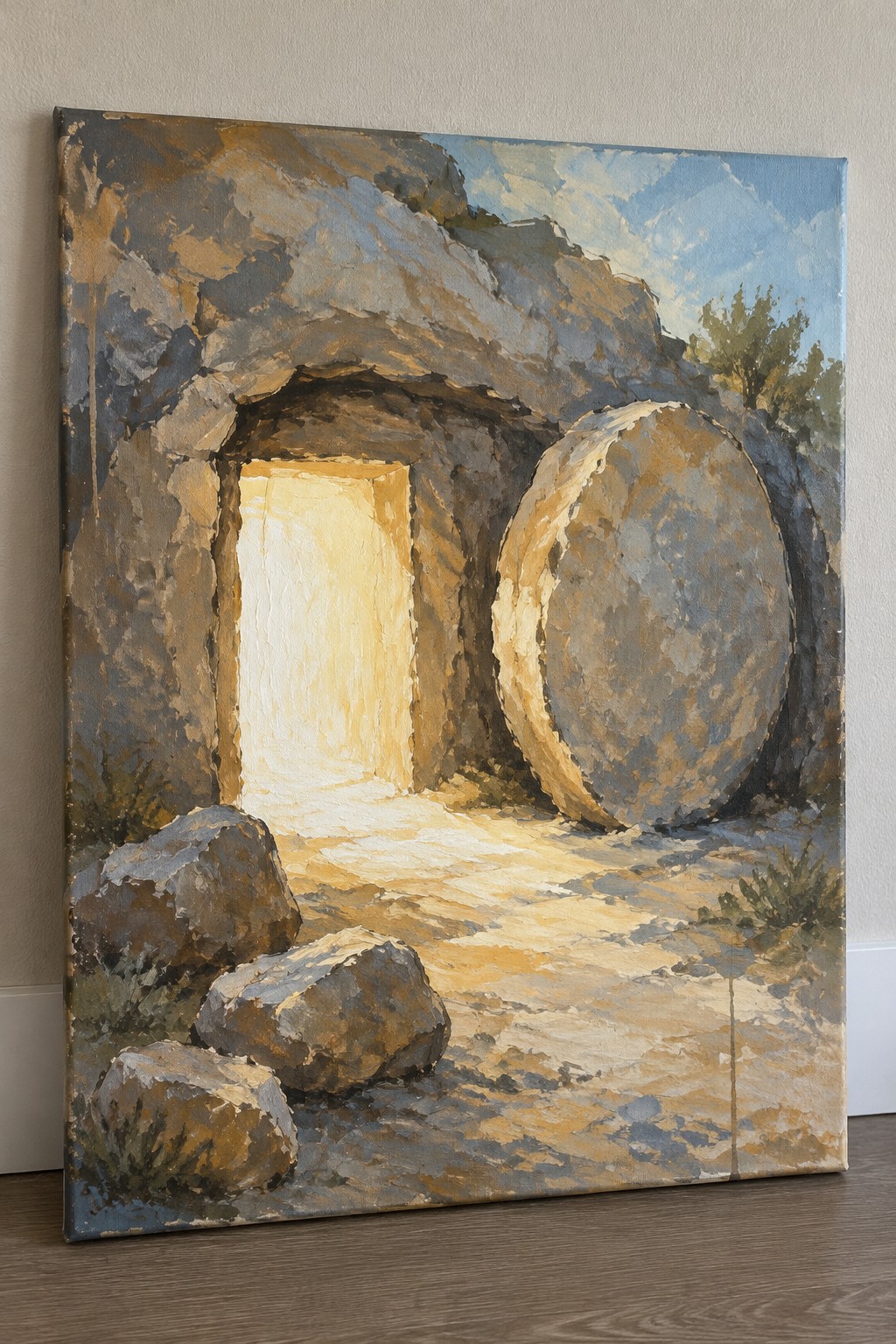 Rocky hillside tomb with glowing open doorway and large circular stone rolled aside.