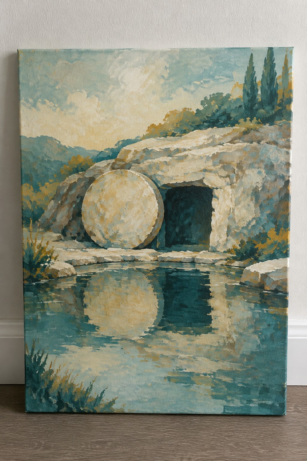 Impressionist painting of stone cave entrance with large round boulder and reflective pool