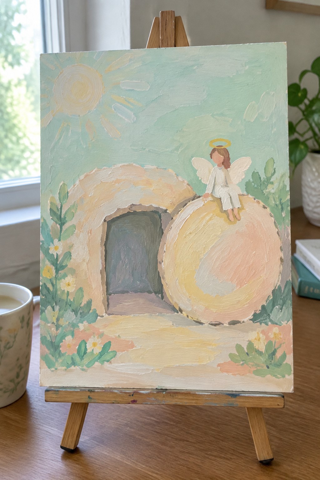 Pastel painting of angel in white on stone by empty tomb under sunny sky with flowers