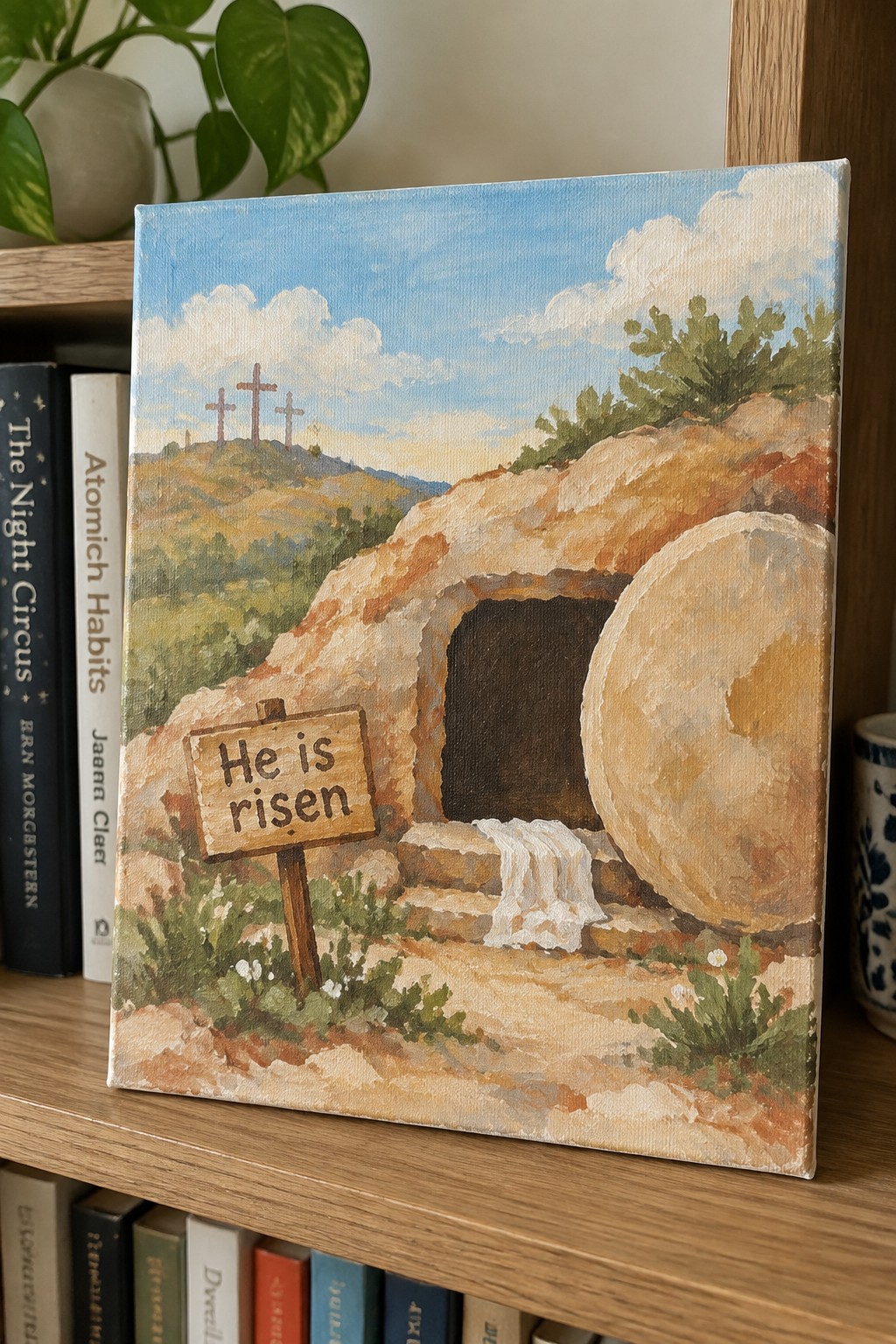 An acrylic painting of an empty tomb with a rolled stone, a 