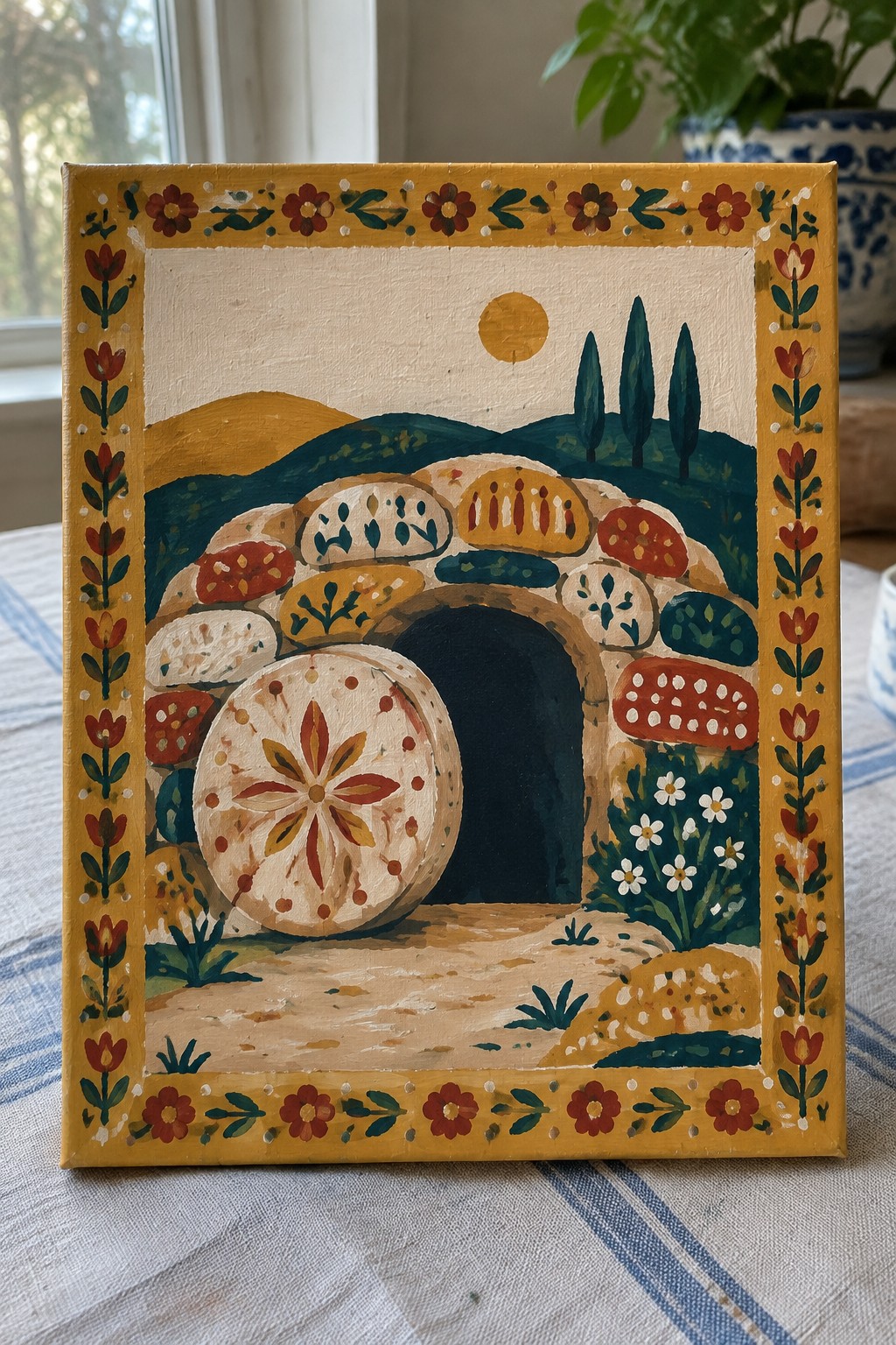 Folk art painting of colorful stone archway entrance with yellow floral border and hills