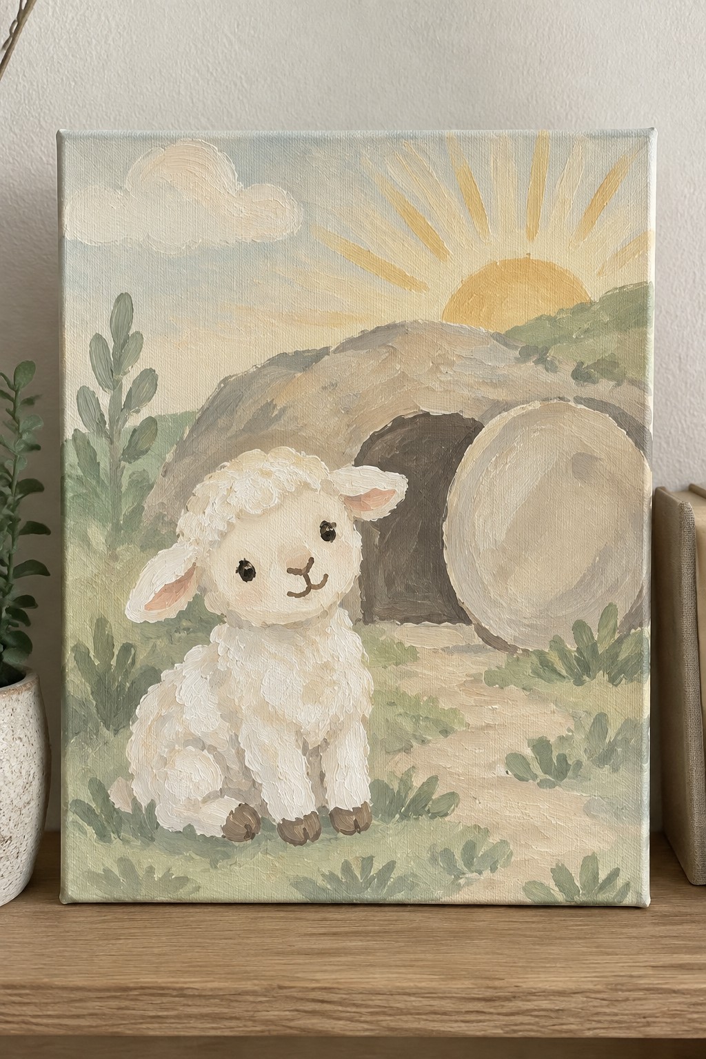 Fluffy white lamb seated before a stone cave with rolled boulder and rising sun