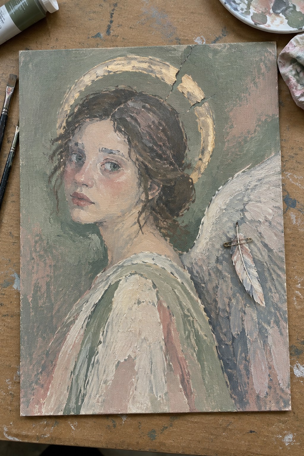 Oil painting of angel with cracked halo, safety-pinned feather on wing amid art supplies.