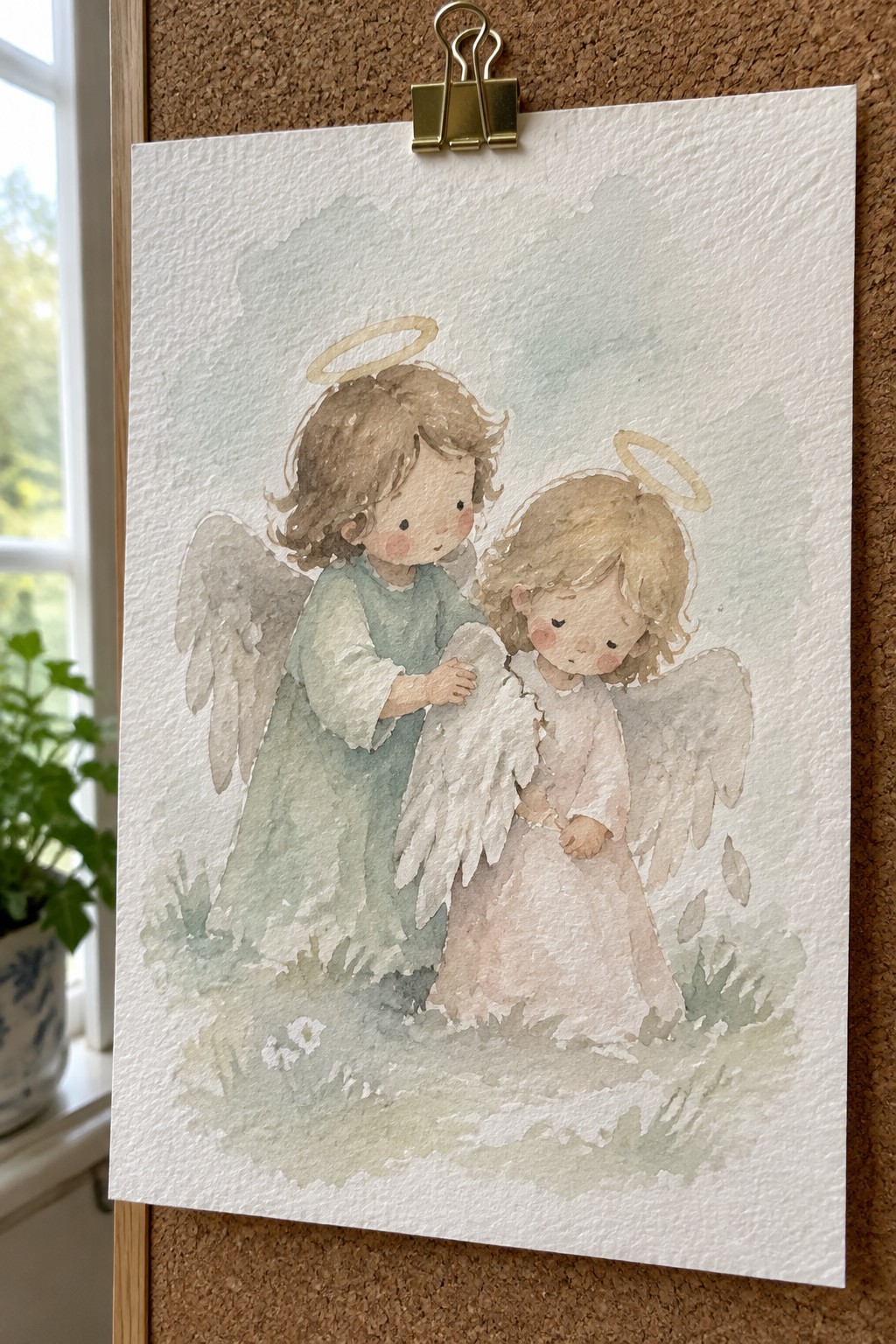 Watercolor of two child angels in blue and pink dresses with halos and wings, one comforting the other.