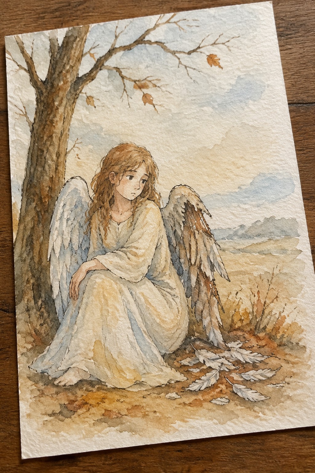 Watercolor of winged woman in light dress seated under tree amid fallen leaves
