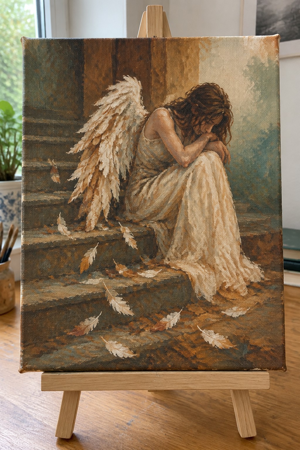Winged angel in flowing white dress bows head on stone steps amid scattered feathers on easel