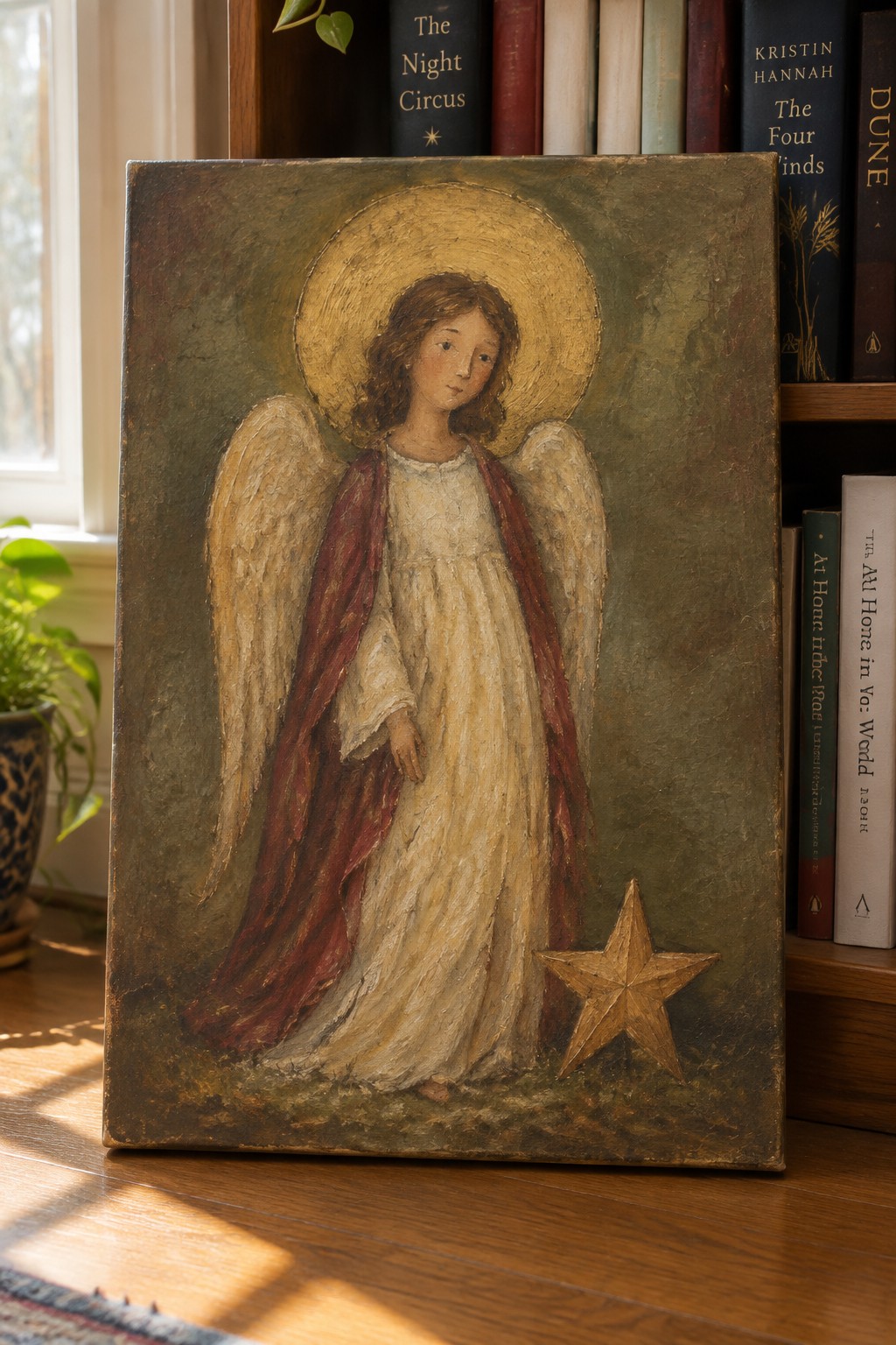 Angel painting with halo, wings, white robe, red sash, golden star before books.