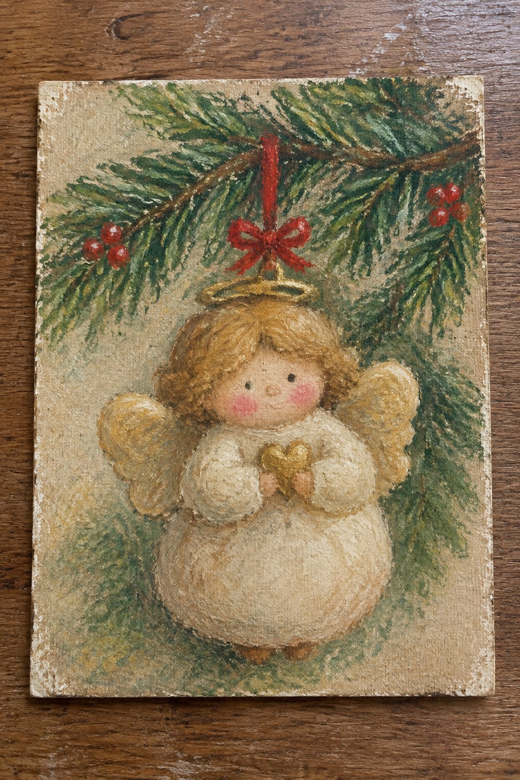 Chubby angel in white gown holds gold heart, hangs from pine branch with red bow and berries