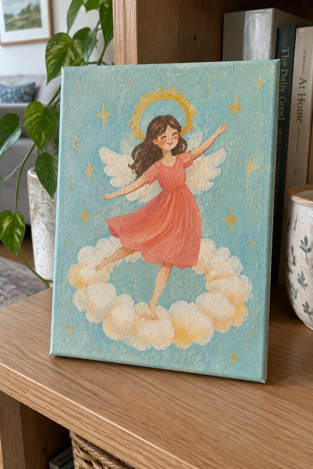 Joyful angel in coral dress with wings on fluffy clouds under golden halo and stars