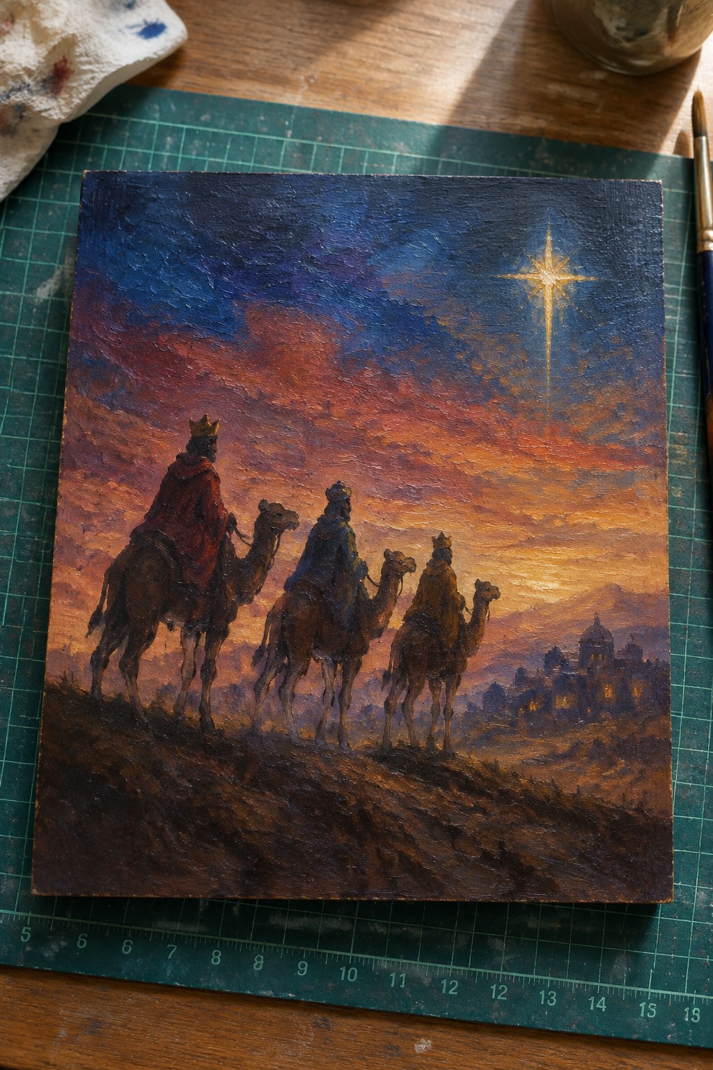 Three robed kings on camels journey under a radiant star in a colorful sunset painting.