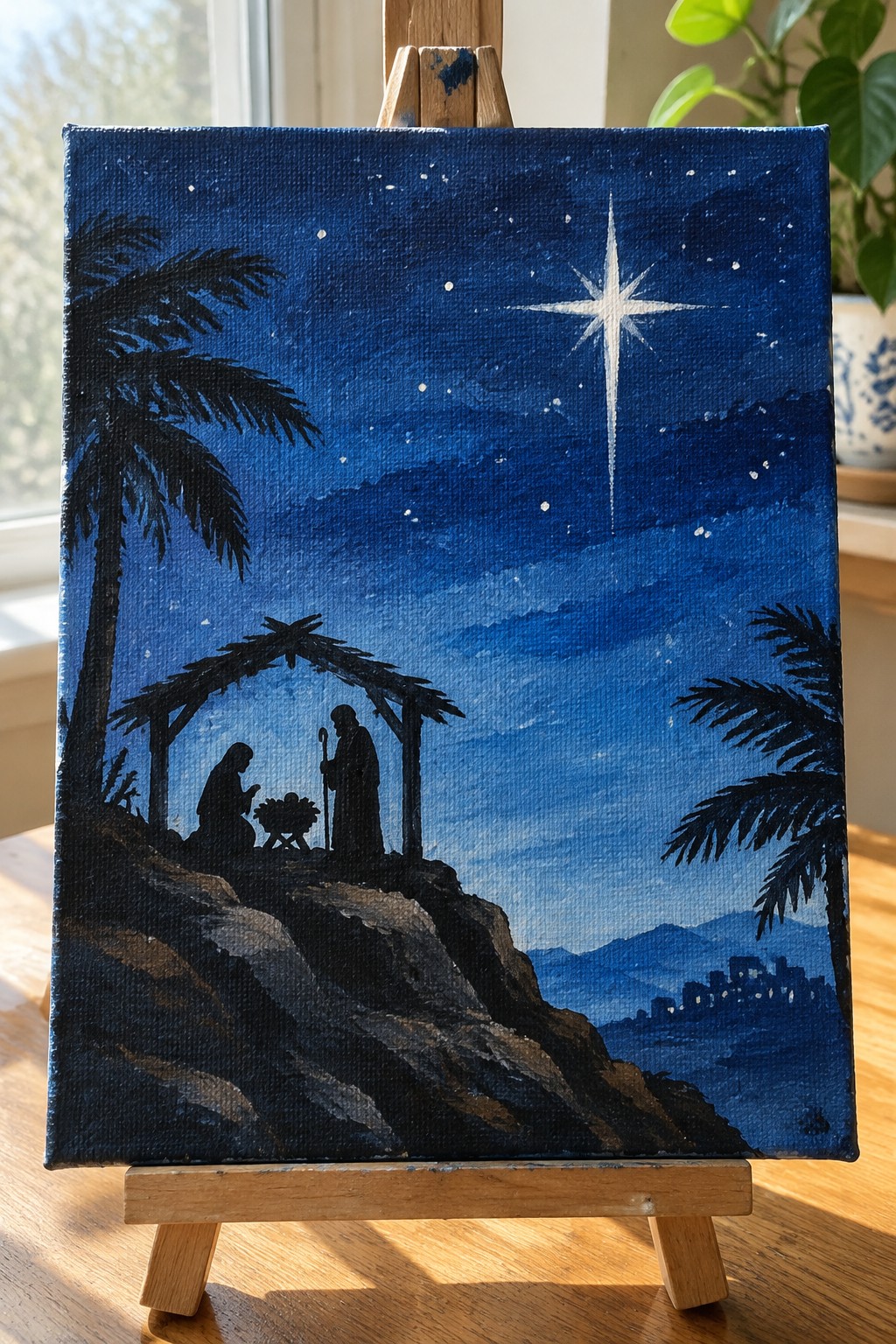 Night sky painting of nativity with star, silhouetted palms, and rocky hill