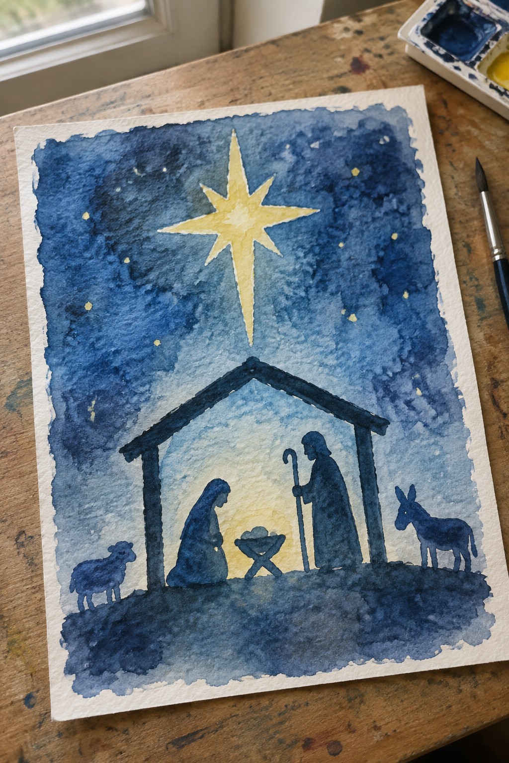 Watercolor nativity scene with silhouetted holy family, lamb, donkey, and glowing yellow star.