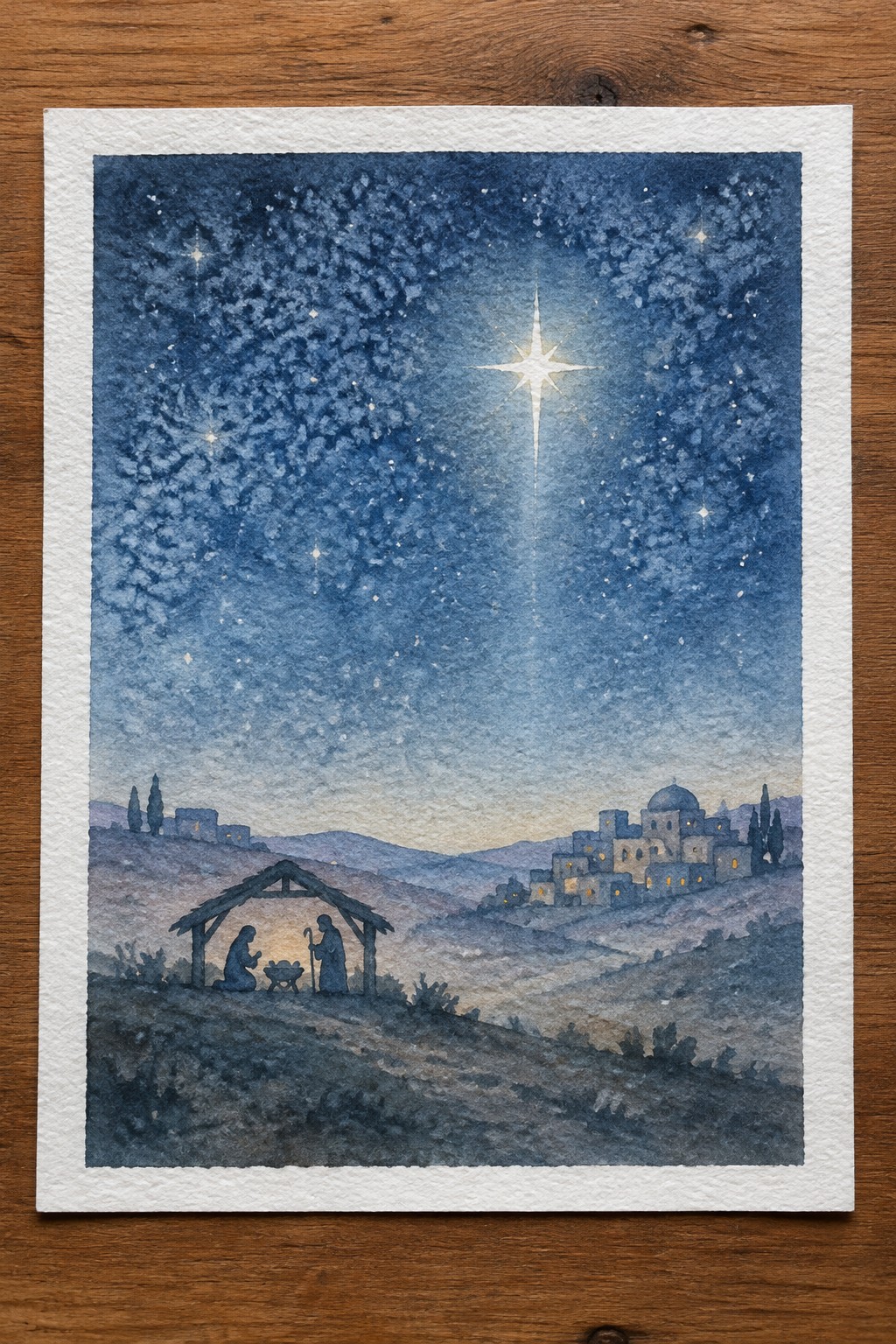 Watercolor nativity scene under radiant star above hillside town in starry night sky