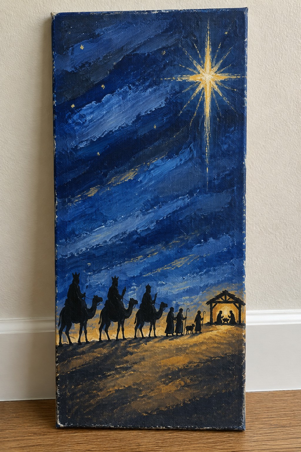 Three wise men on camels approach a glowing nativity stable under a radiant star.