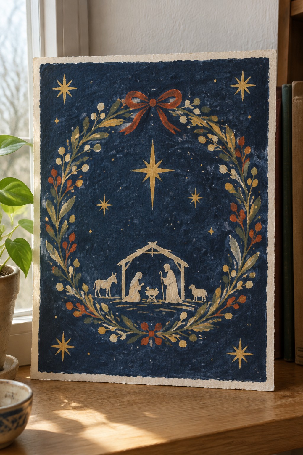 Nativity scene with Mary, Joseph, and animals inside leafy wreath with red bow on blue.