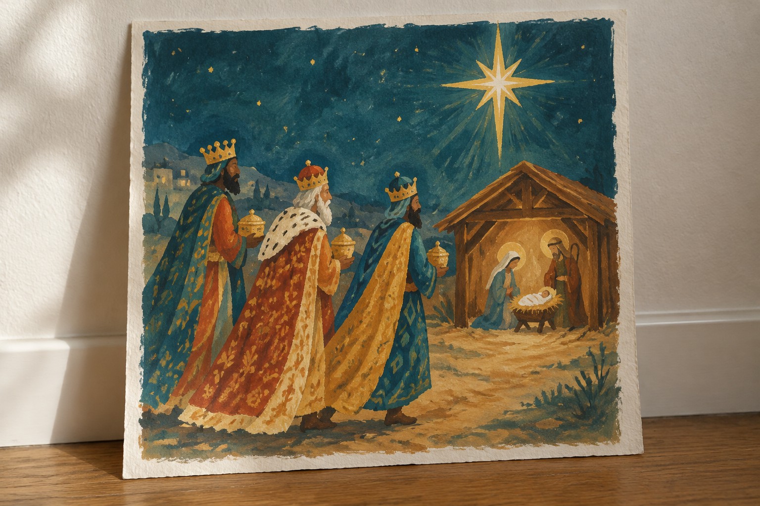 Three robed kings with crowns approach manger under bright star in watercolor night scene.