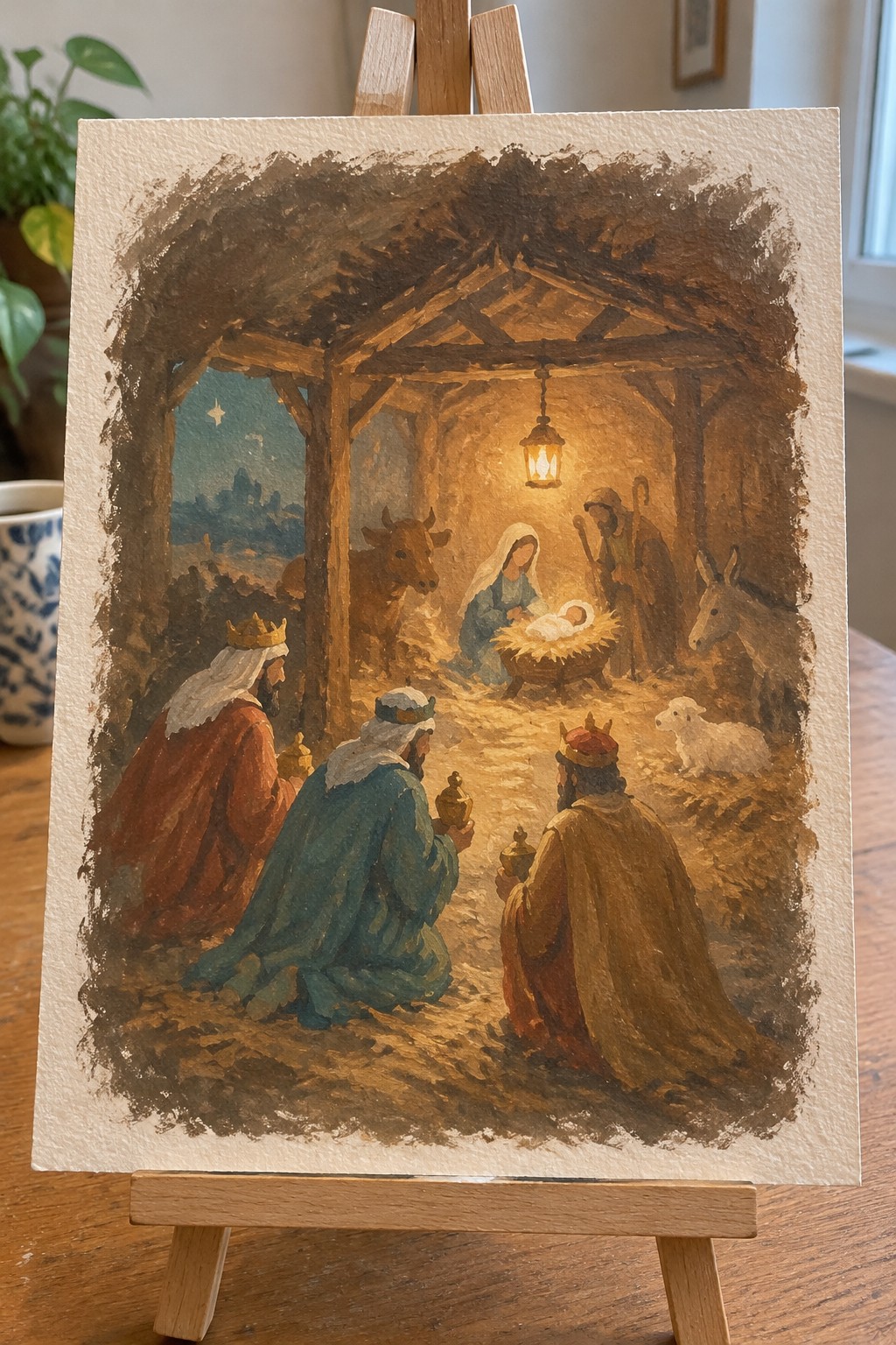 Warm-toned nativity painting of three crowned kings kneeling with gifts before baby Jesus in lantern-lit stable