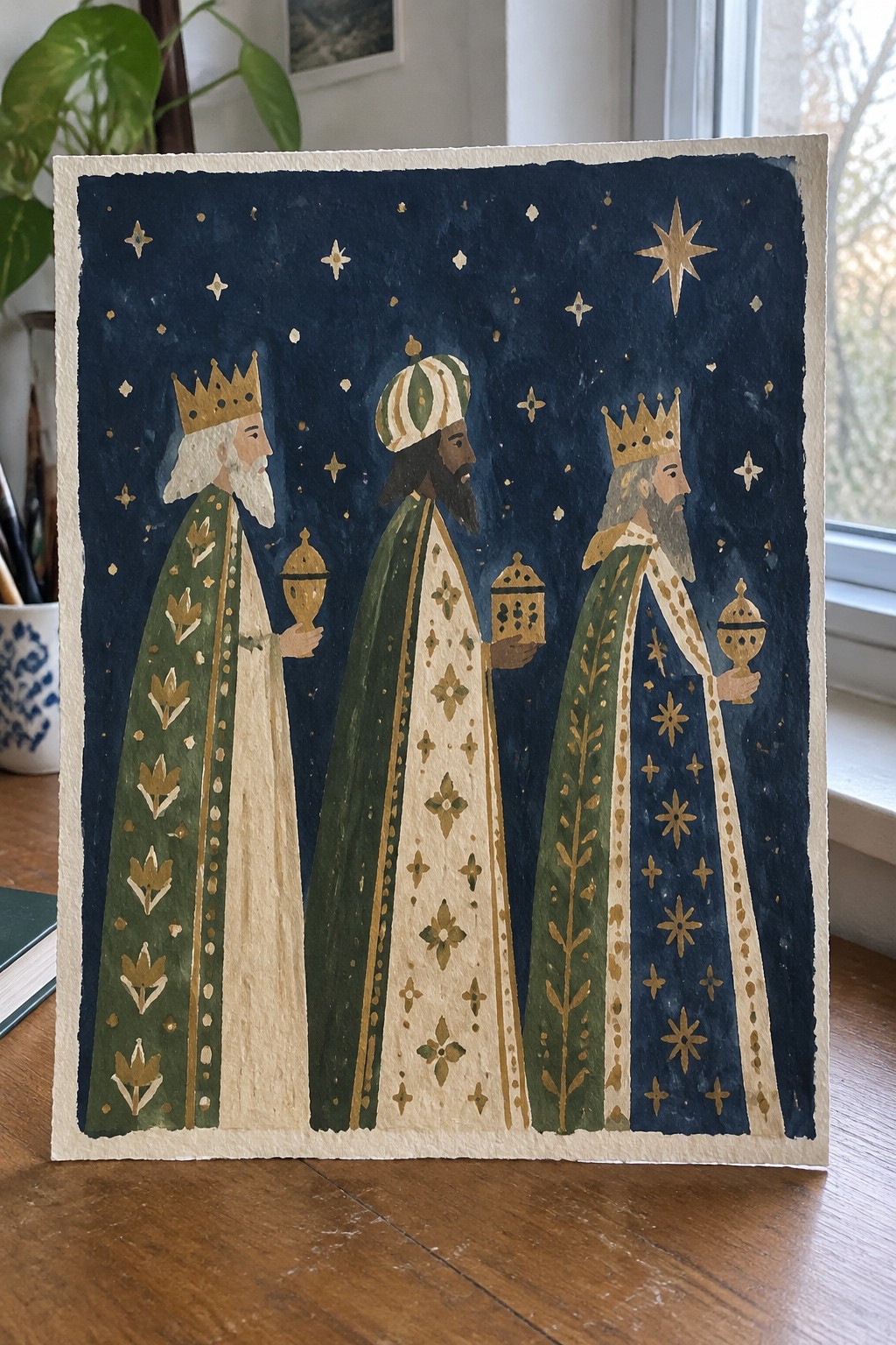 Three crowned kings in green, white, and blue robes holding gifts under a starry night sky