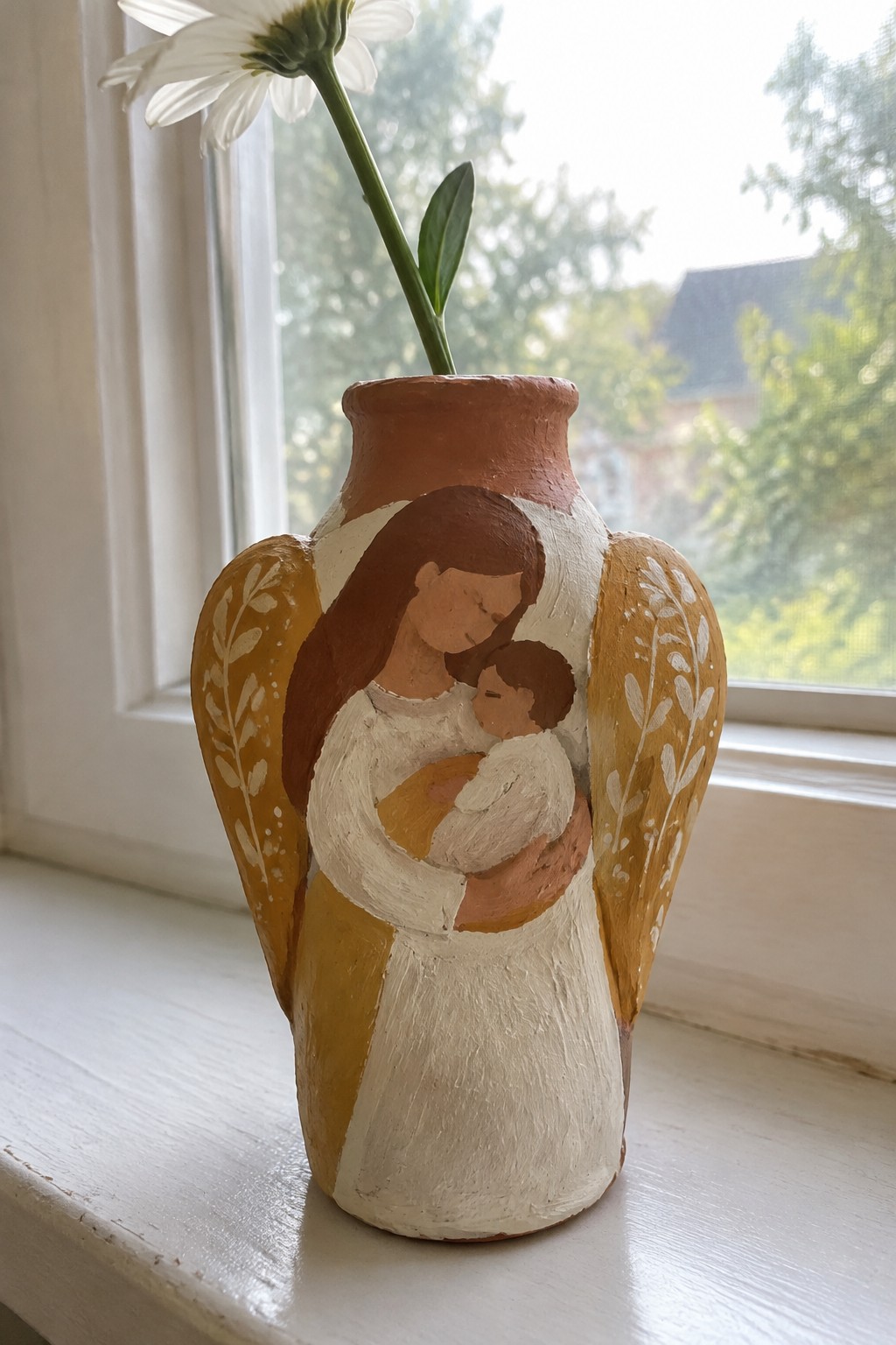 Terracotta vase with mother cradling baby, yellow floral wings, white daisy on sill