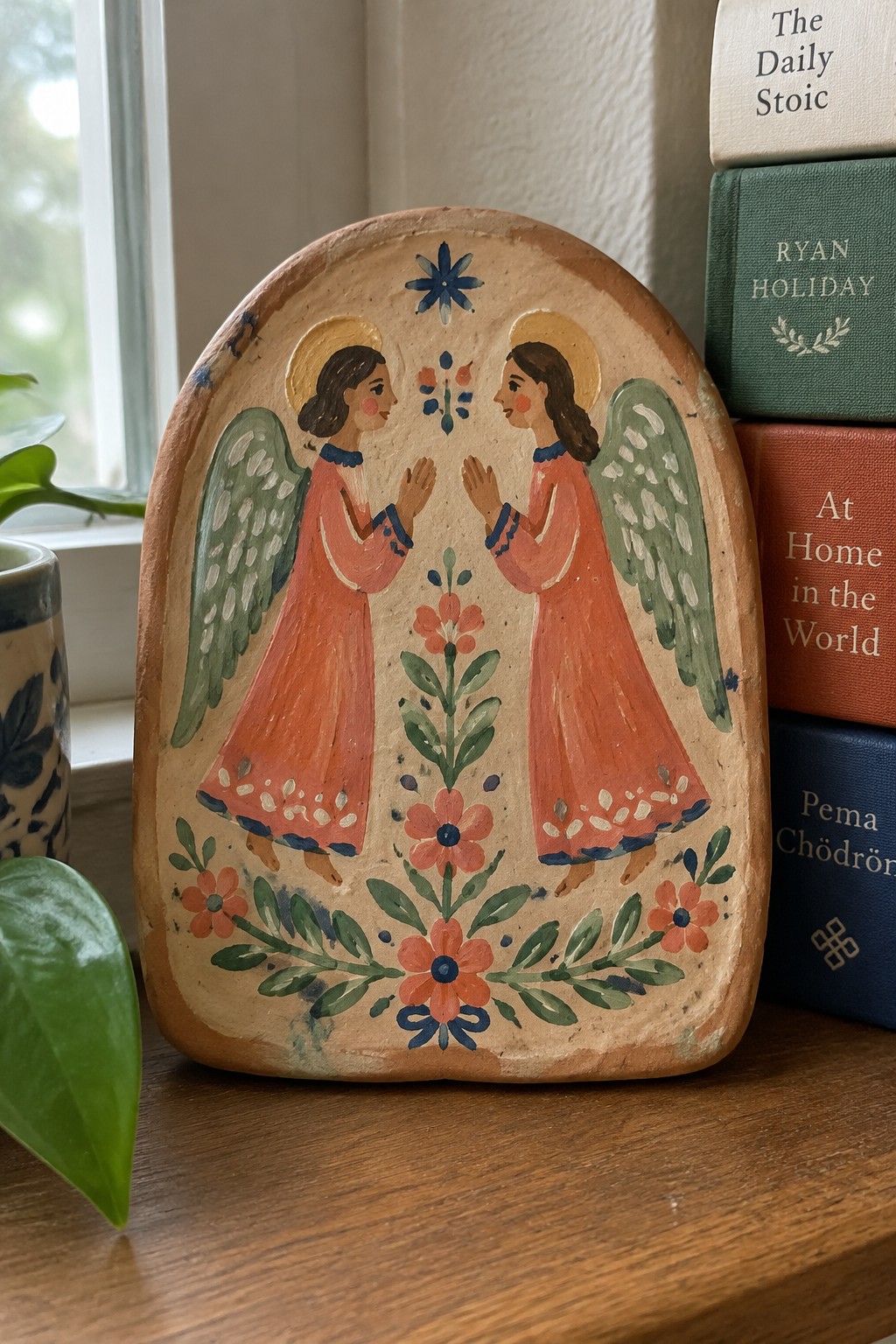 Hand-painted ceramic tile with two facing angels in orange robes and green wings