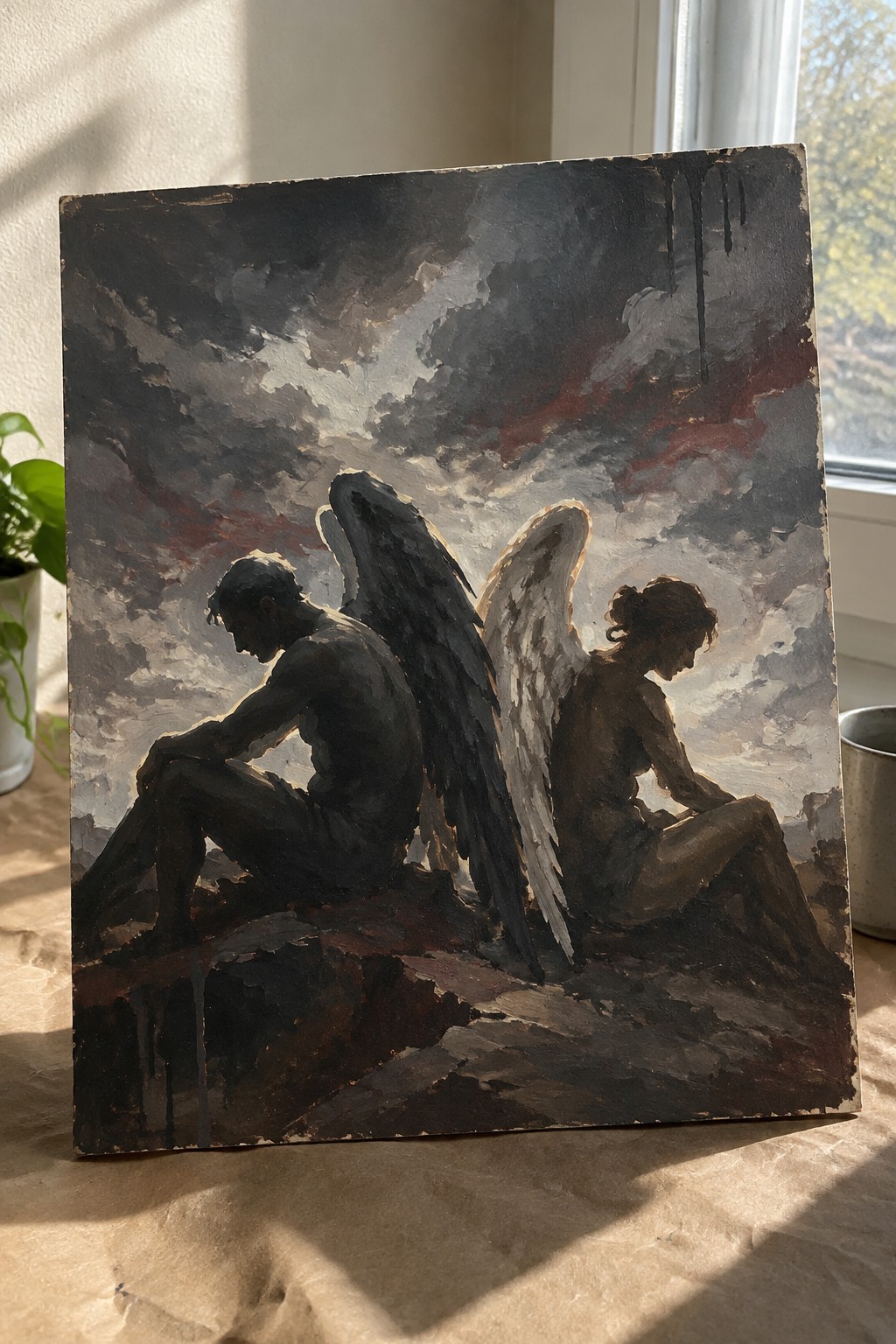Oil painting of two angels with dark and light wings seated beneath a stormy sky.