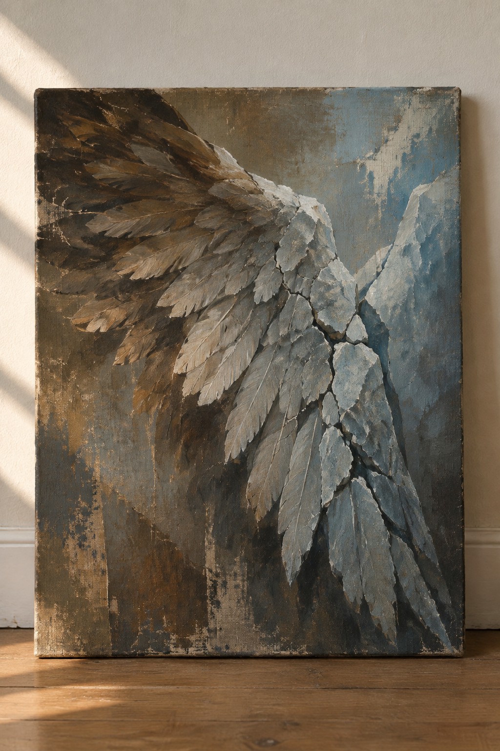Textured painting of a large cracked blue-gray wing on canvas against a wall