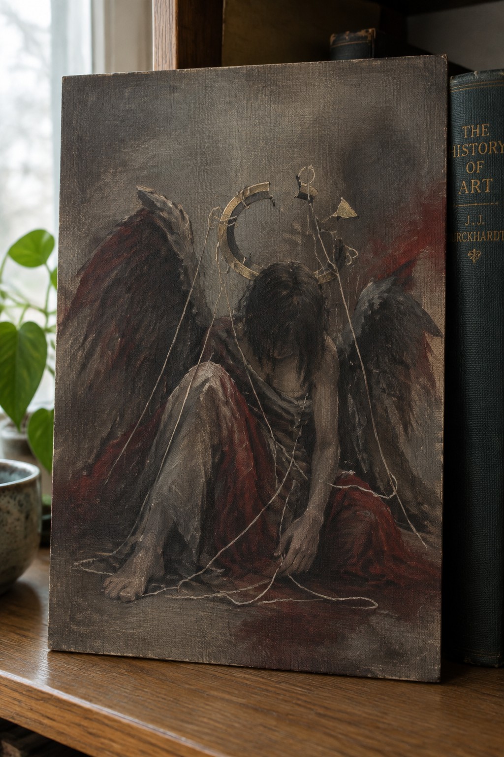 Painting of seated winged figure with broken halo, bound by strings in dark red tones