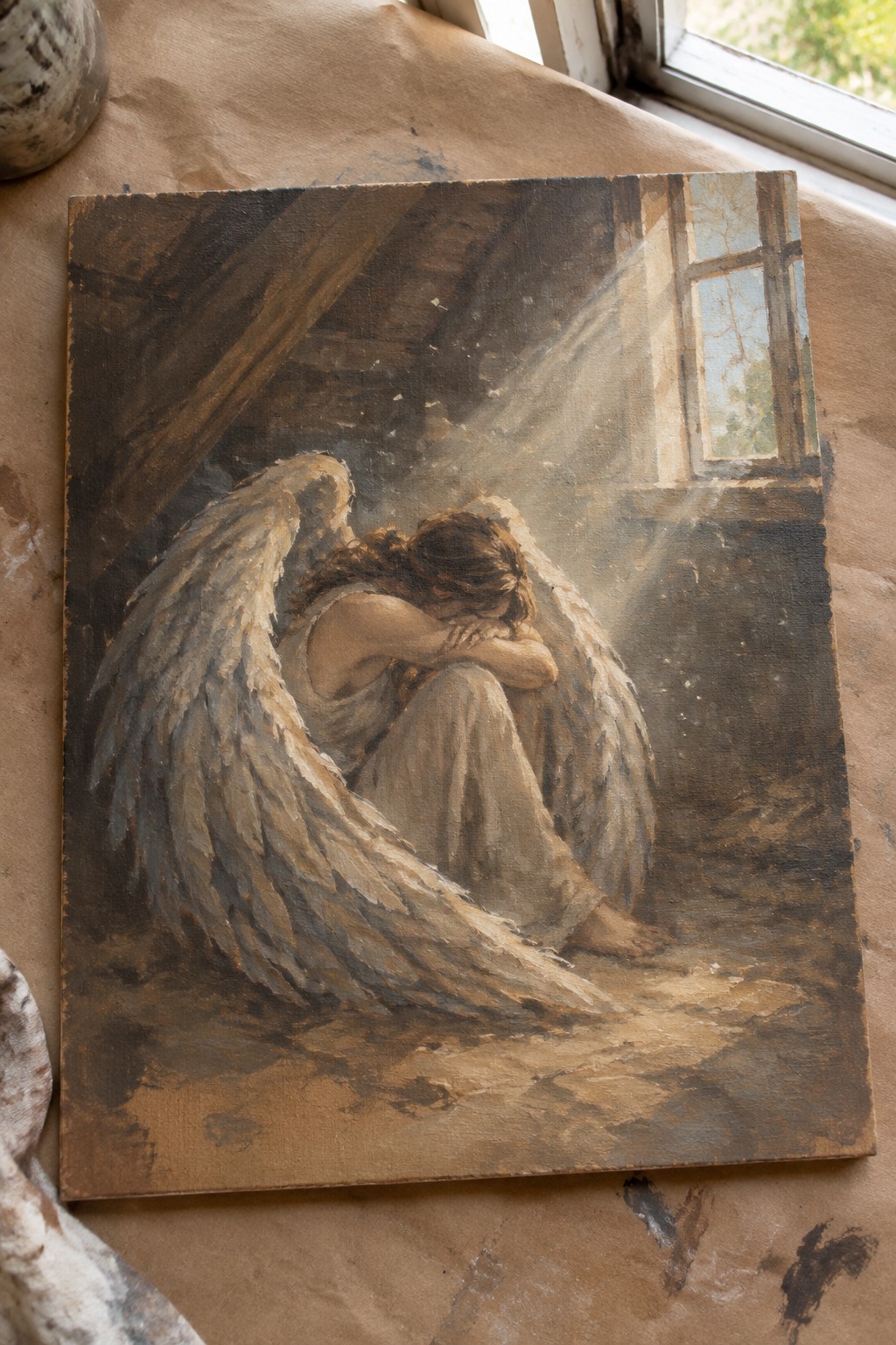 Oil painting of winged angel huddled on dusty attic floor in sunlight rays