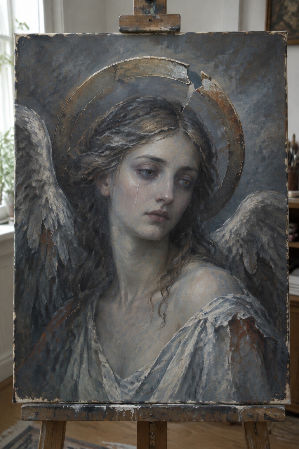 Weeping angel with cracked halo and wings on aged canvas easel