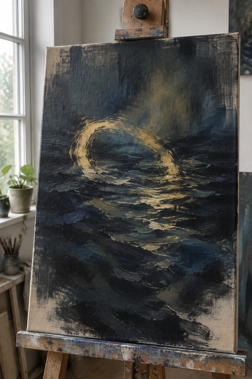 Abstract painting of golden crescent over dark turbulent waves on wooden easel