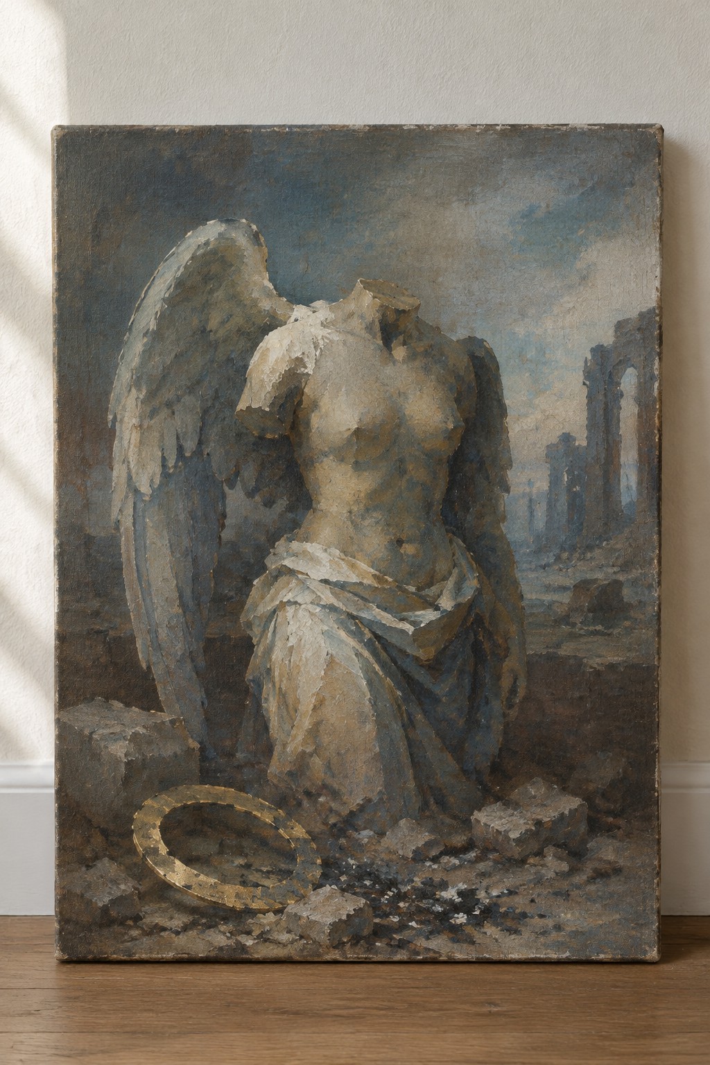 Headless winged torso with blue drapery amid ruins and golden halo on rubble