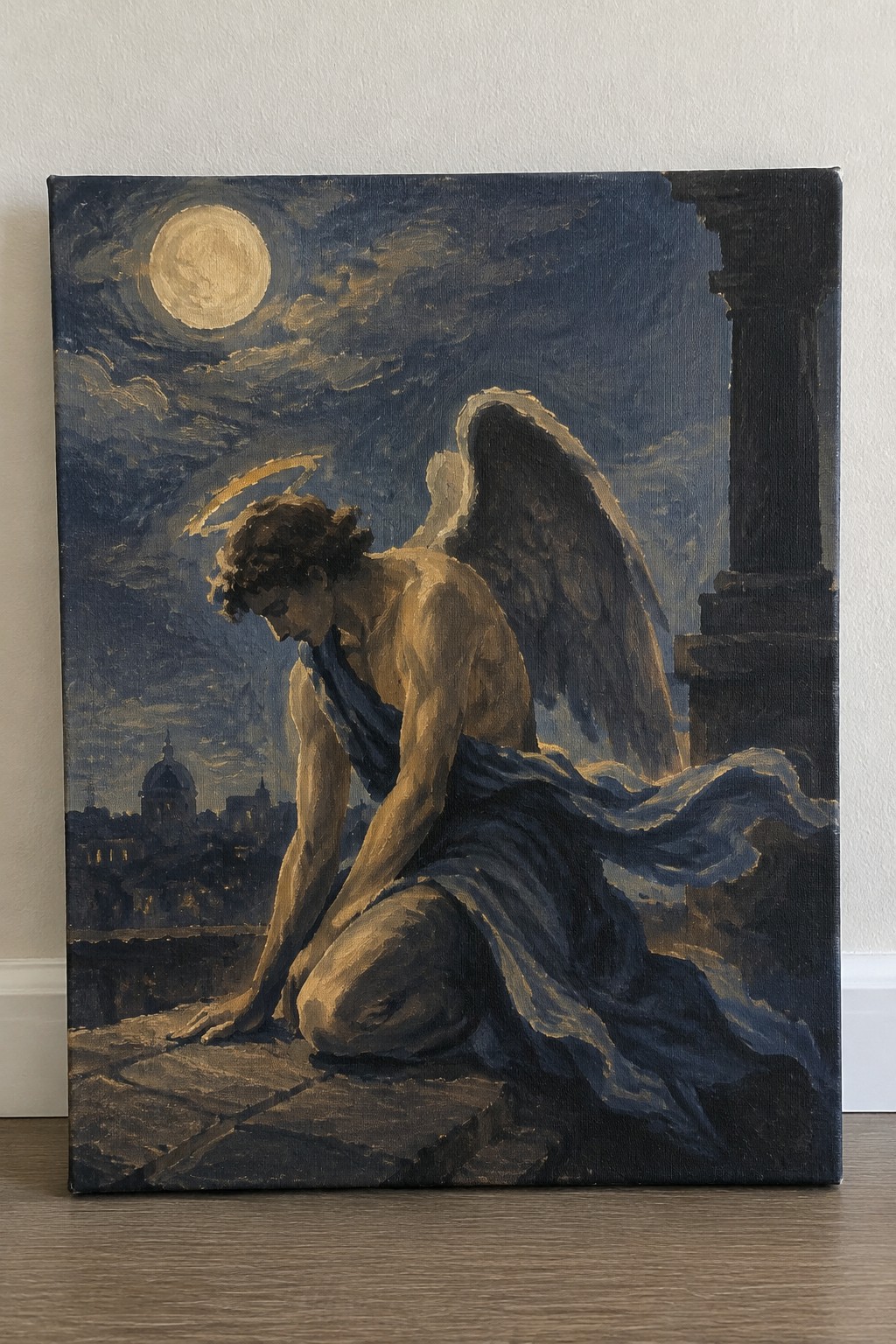Kneeling angel with wings and halo rests on moonlit stone ledge above nighttime city