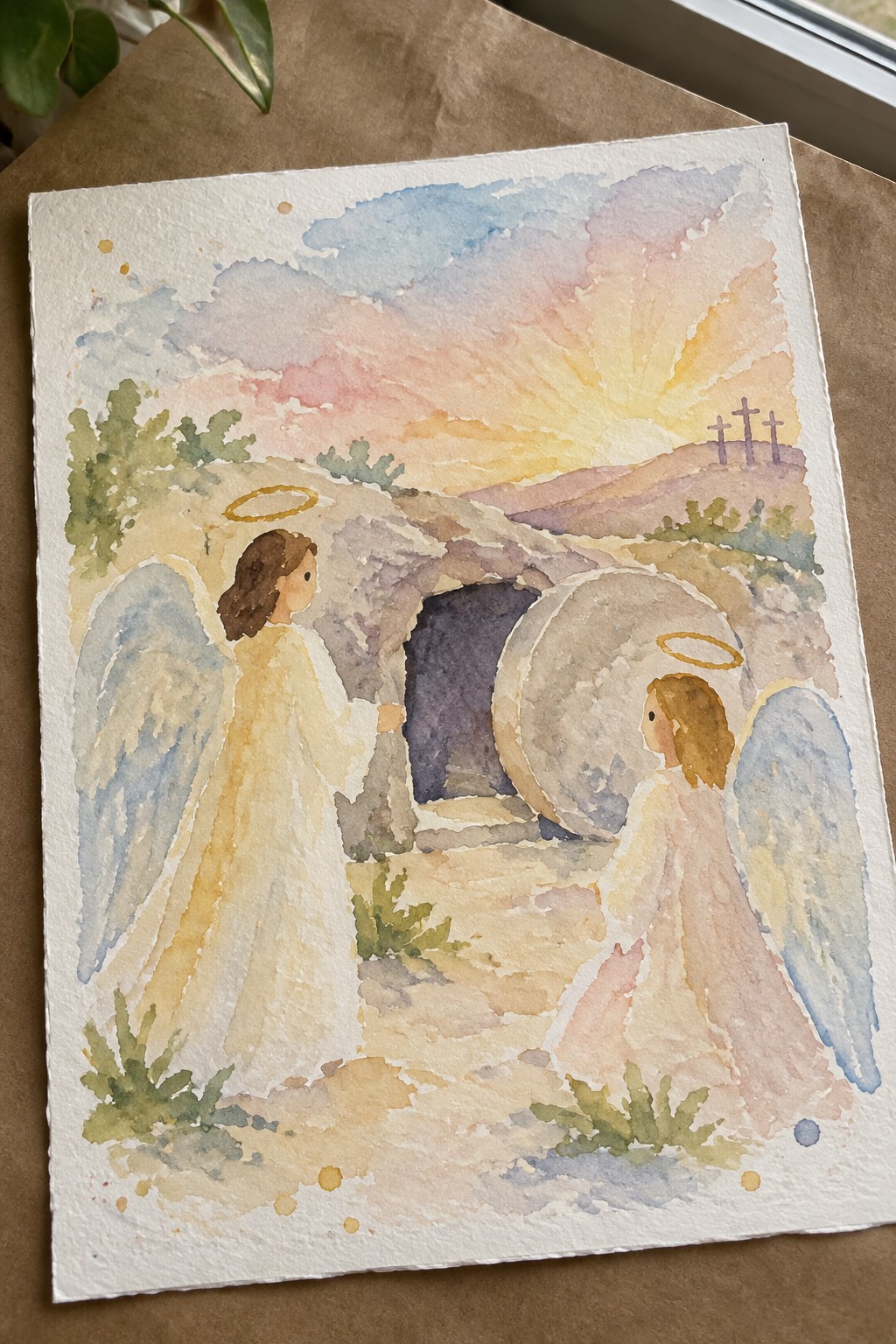 Two angels with halos and wings stand by empty tomb, stone rolled away, three crosses at sunrise