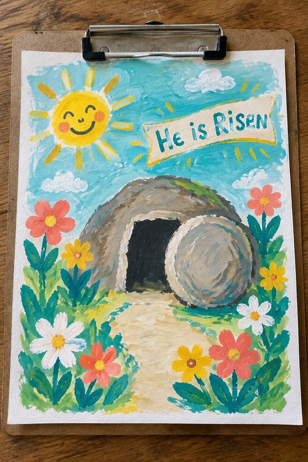 Vibrant watercolor of smiling sun over empty tomb with 